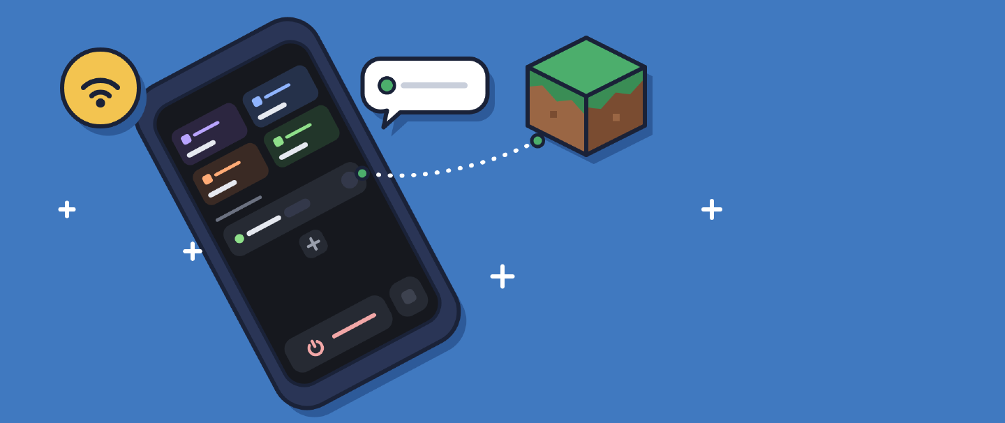 Illustratie: telefoon met het Helm-dashboard, met een stippellijn naar een Minecraft-grasblok