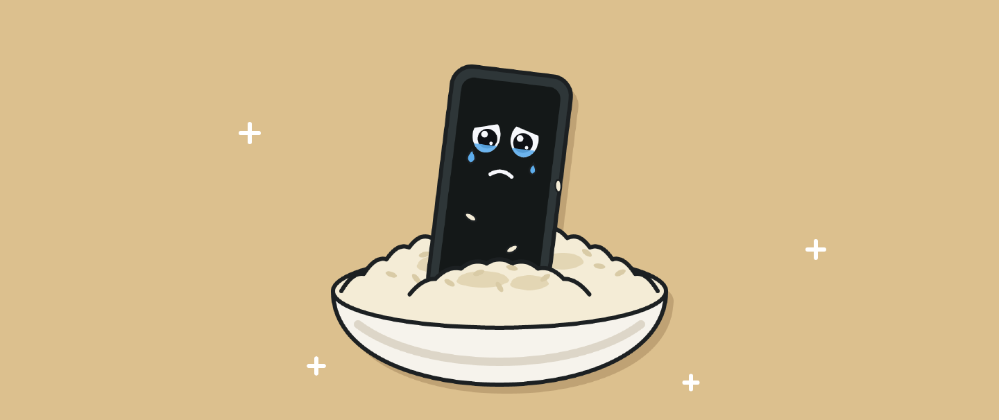 Illustratie: een huilende telefoon die in een kom rijst steekt